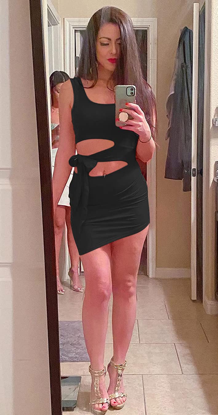 GOBLES Womens Sexy Bodycon Cut Out Sleeveless Outfit Mini Club Tank Dress Black - Image 3